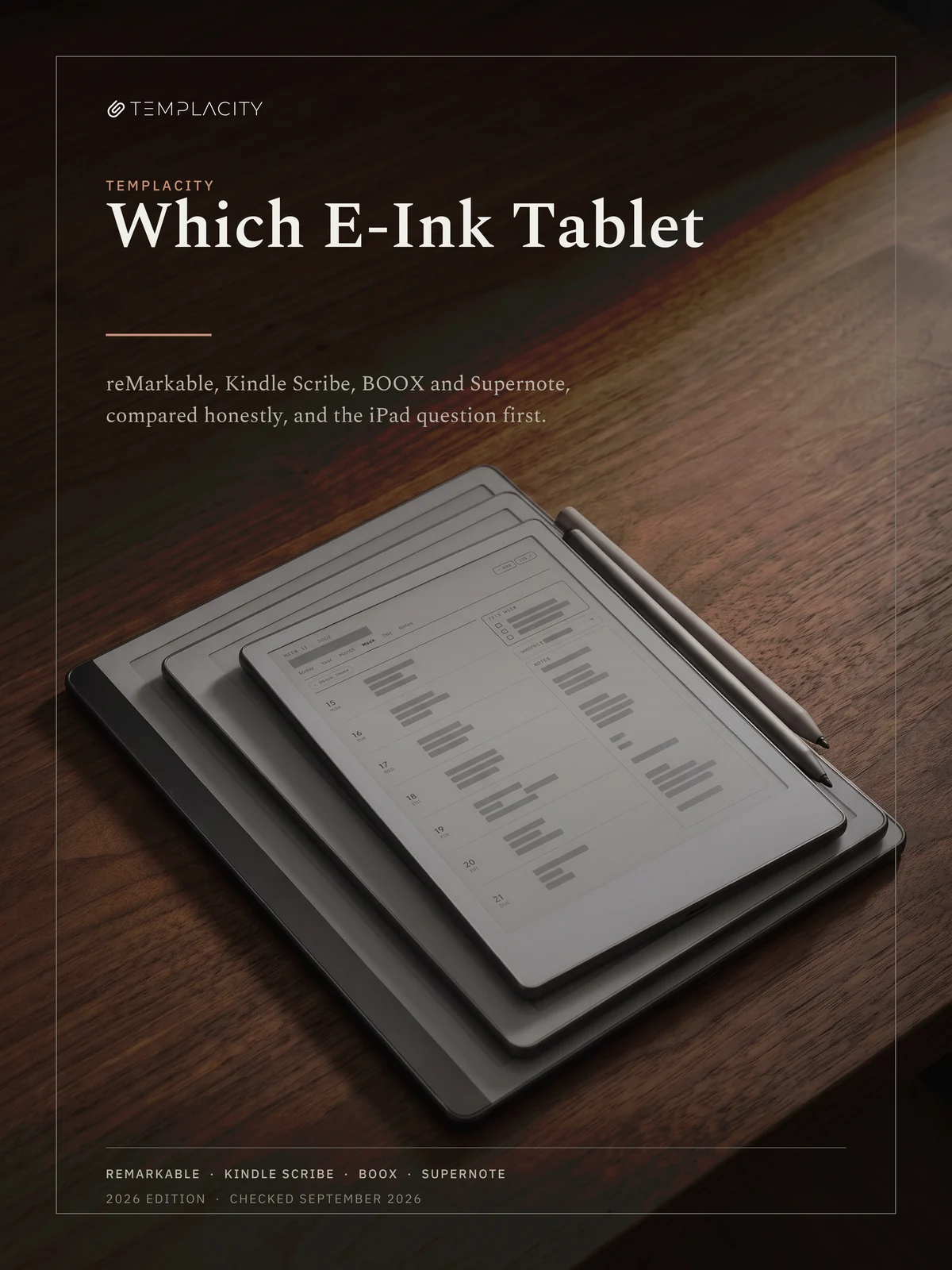 The cover of Which E-Ink Tablet: three e-ink tablets stacked on a desk with a pen