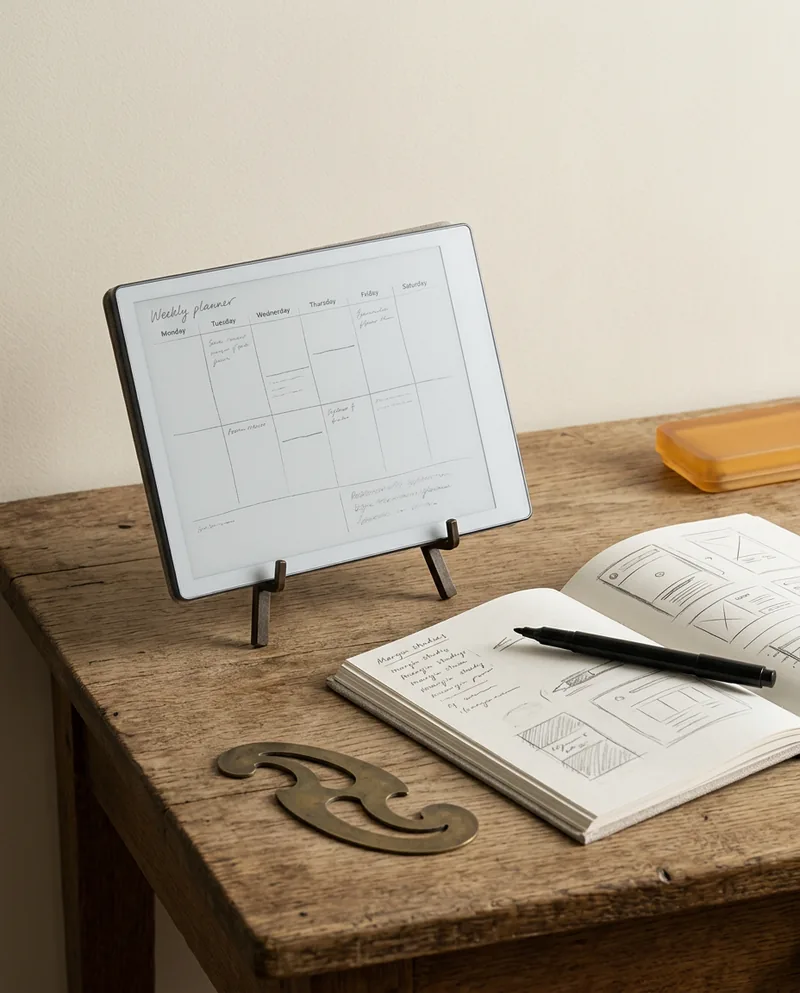 An e-ink tablet on a small easel showing a half-drawn weekly grid, beside an open sketchbook of margin studies and a brass French curve.
