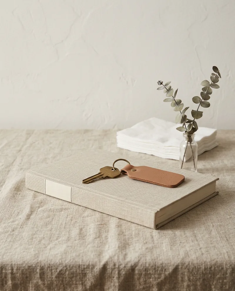 A worn brass room key on a linen-bound ledger, with folded guest towels and a sprig of dried eucalyptus behind.