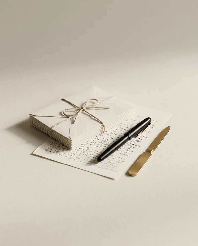 A small stack of cream envelopes tied with twine, a fountain pen resting on a handwritten letter, and a brass letter opener.