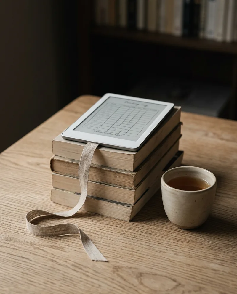 A stack of well-read books with an e-reader on top showing a simple reading log, a ribbon bookmark, and a cup of tea.