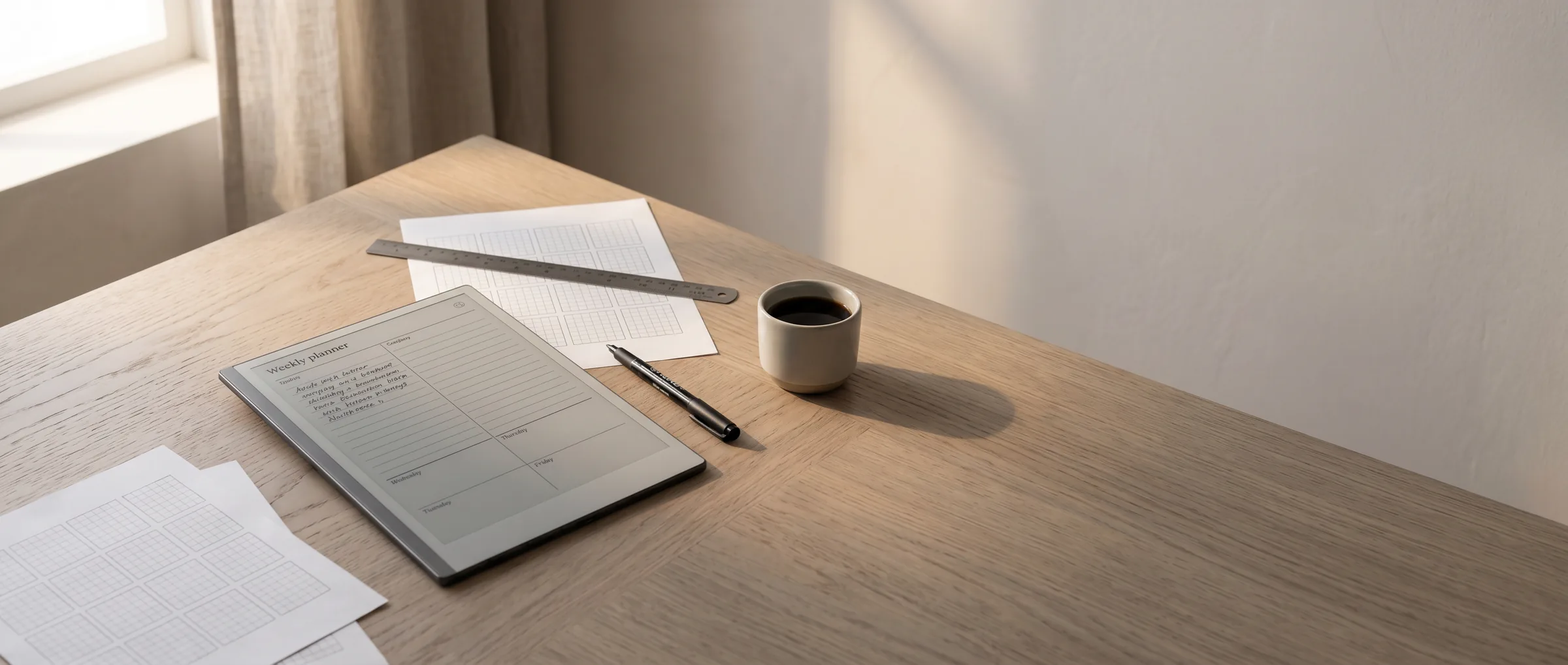 The studio desk in morning light: an e-ink tablet with a half-drawn weekly grid, printed proofs, a ruler, and a cup of coffee on oak.