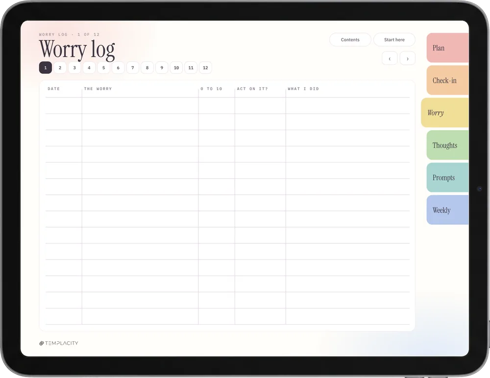 The Anxiety Journal, colour edition on an iPad: The Worry Log