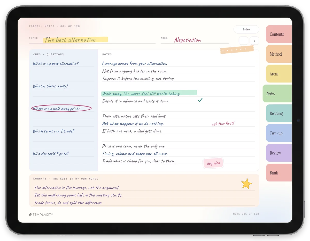 Notas Cornell en color en un iPad en horizontal: una página de clase rellena con la columna de pistas, los apuntes y el resumen