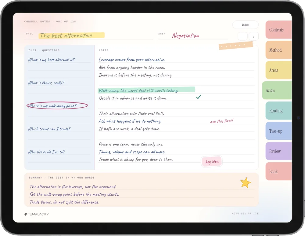 Cornell Notes, colour edition on an iPad: Lecture