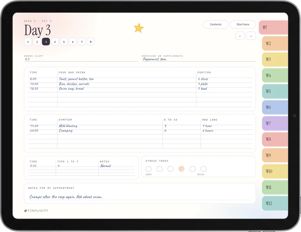 The Food & Symptom Diary, Farbversion auf einem iPad: ein Tag