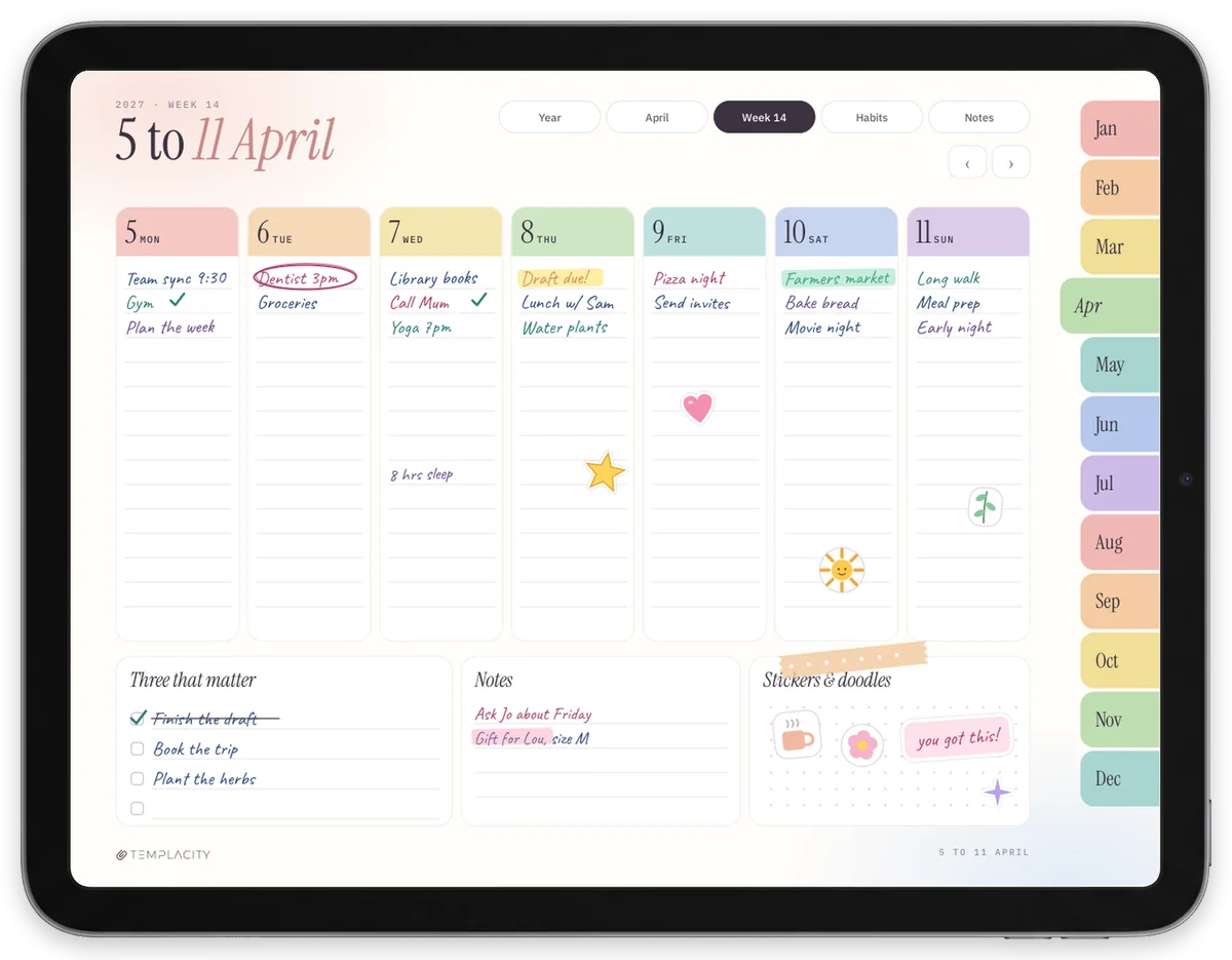 Der iPad Planer 2027 in Farbe auf einem iPad im Querformat: eine ausgefüllte Aprilwoche, Monatsreiter am Rand