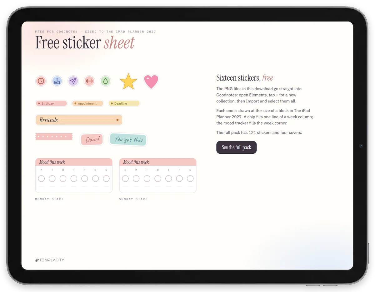 Der kostenlose Goodnotes-Stickerbogen auf einem iPad: sechzehn Sticker aus dem Pack