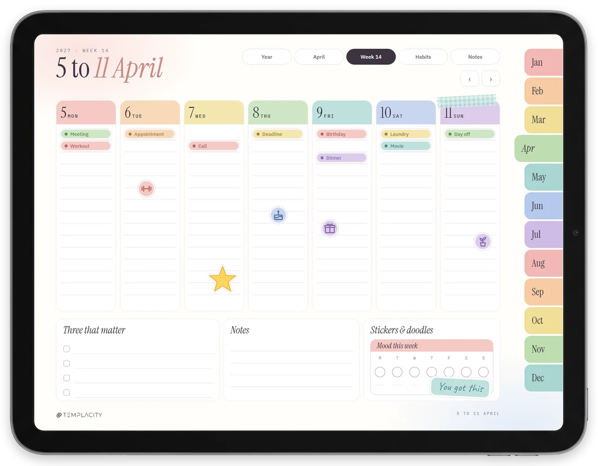 Sticker auf einer Wochenseite von The iPad Planner 2027 auf einem iPad: Termin-Chips, Icons und der Stimmungs-Tracker in der Wochenecke