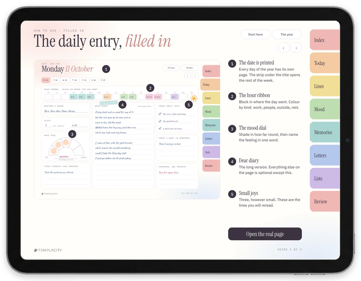 Das Journal in Farbe auf einem iPad im Querformat: ein ausgefüllter Tageseintrag mit Stundenband, Stimmungsrad und Tagebuchzeilen