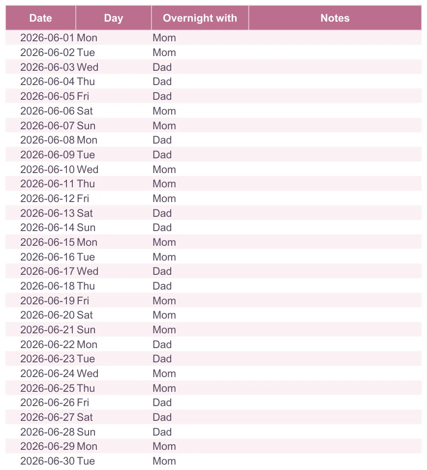 Co-Parent Tracker, Custody tab