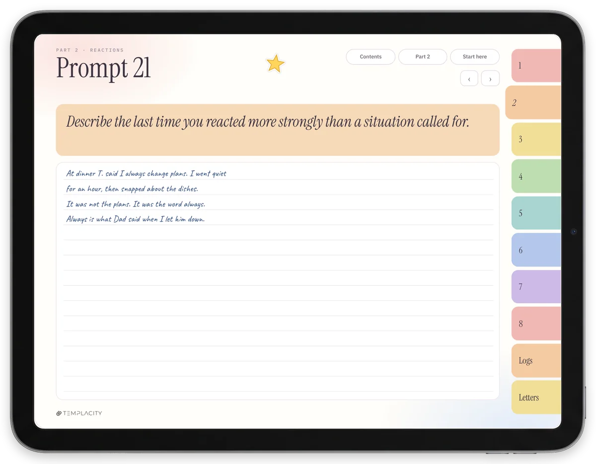 The Shadow Pages in colour on an iPad held landscape: a filled prompt from part two, Reactions