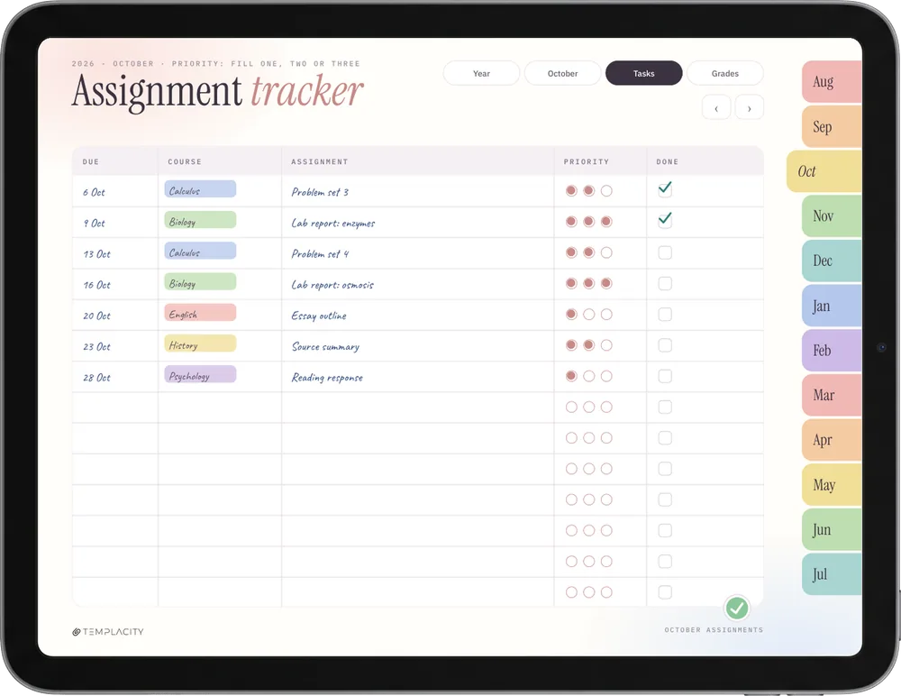 Der Student Planner, Farbausgabe auf dem iPad: The Assignments