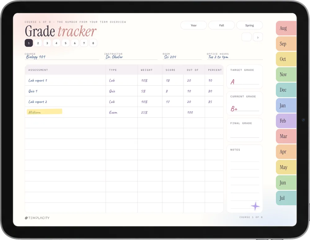 Der Student Planner, Farbausgabe auf dem iPad: The Grades