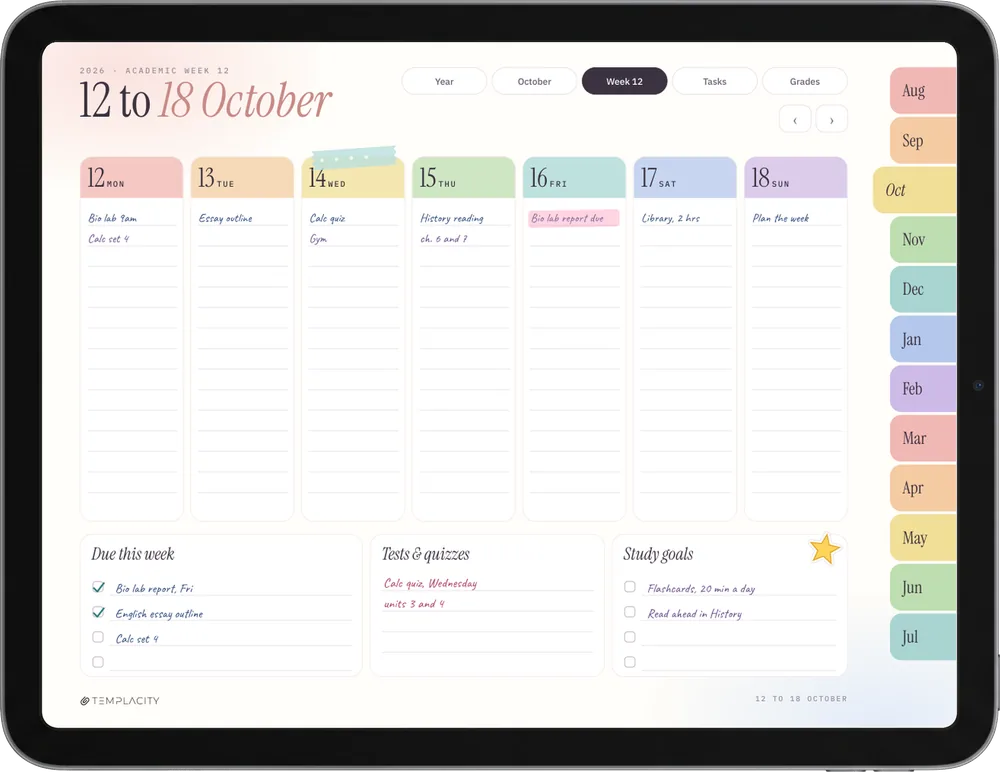 iPad 上的 The Student Planner 彩色版:周