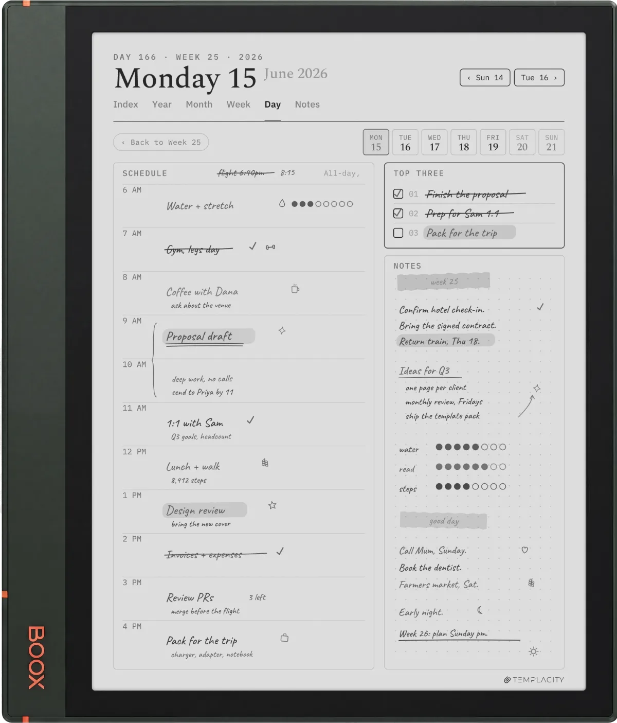 Boox Note Air2 Plus showing The Planner, day page