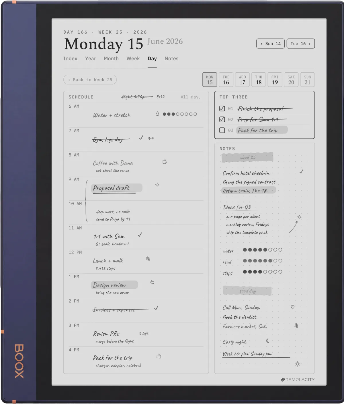 Boox Note Air2 showing The Planner, day page