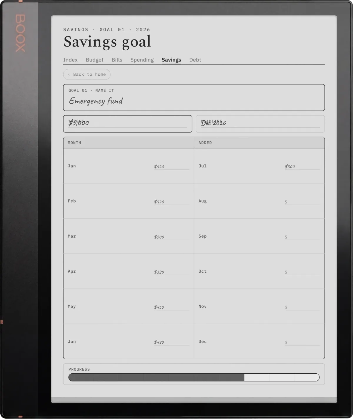 A Boox Note Air 3 showing the savings goal page from the Budget Suite