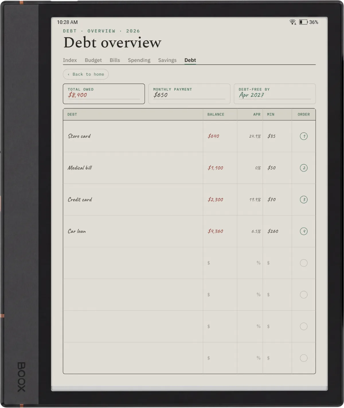 A Boox Note Air 4C showing the debt payoff page from the Budget Suite