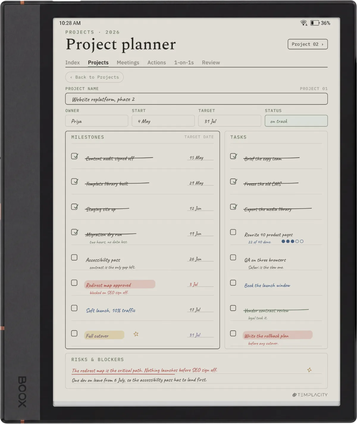 Boox Note Air 4C showing the Digital Work Planner, project planner page