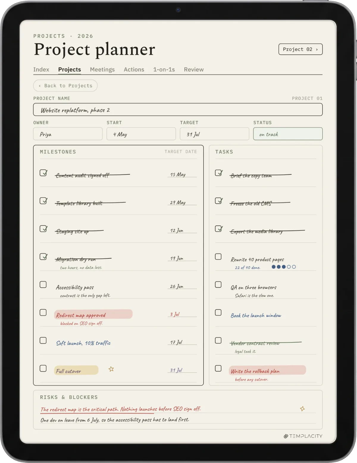 iPad showing the Digital Work Planner, project planner page
