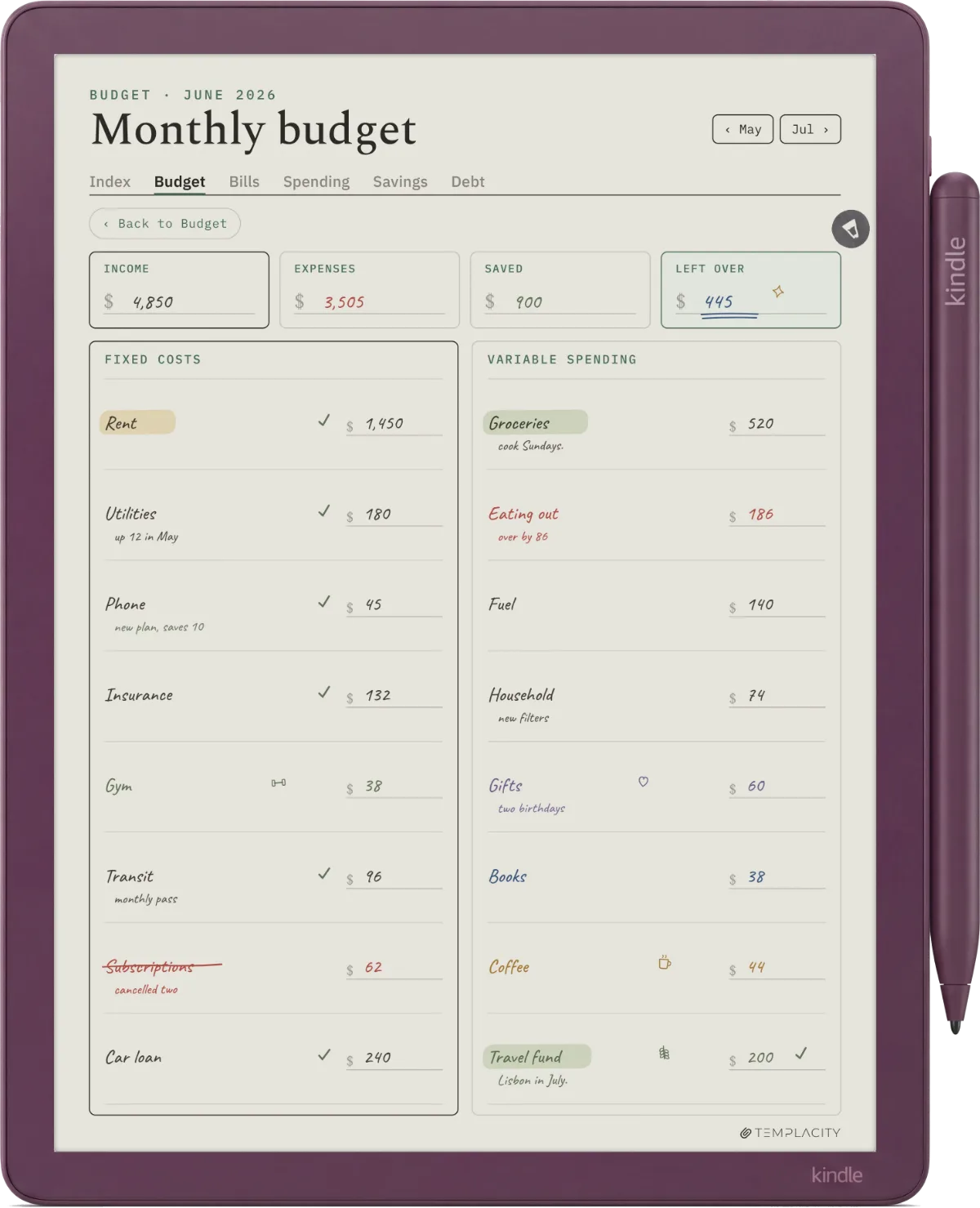 Kindle Scribe Colorsoft showing the Digital Budget Planner, monthly budget page
