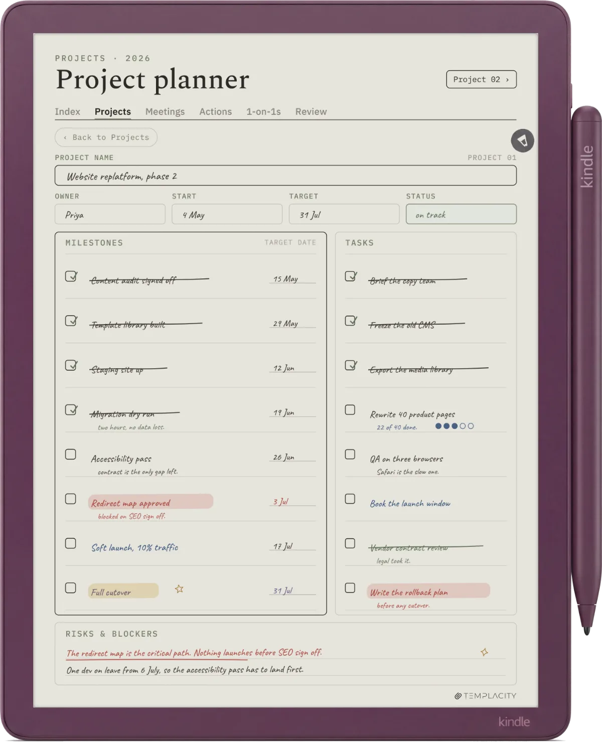 Kindle Scribe Colorsoft showing the Digital Work Planner, project planner page