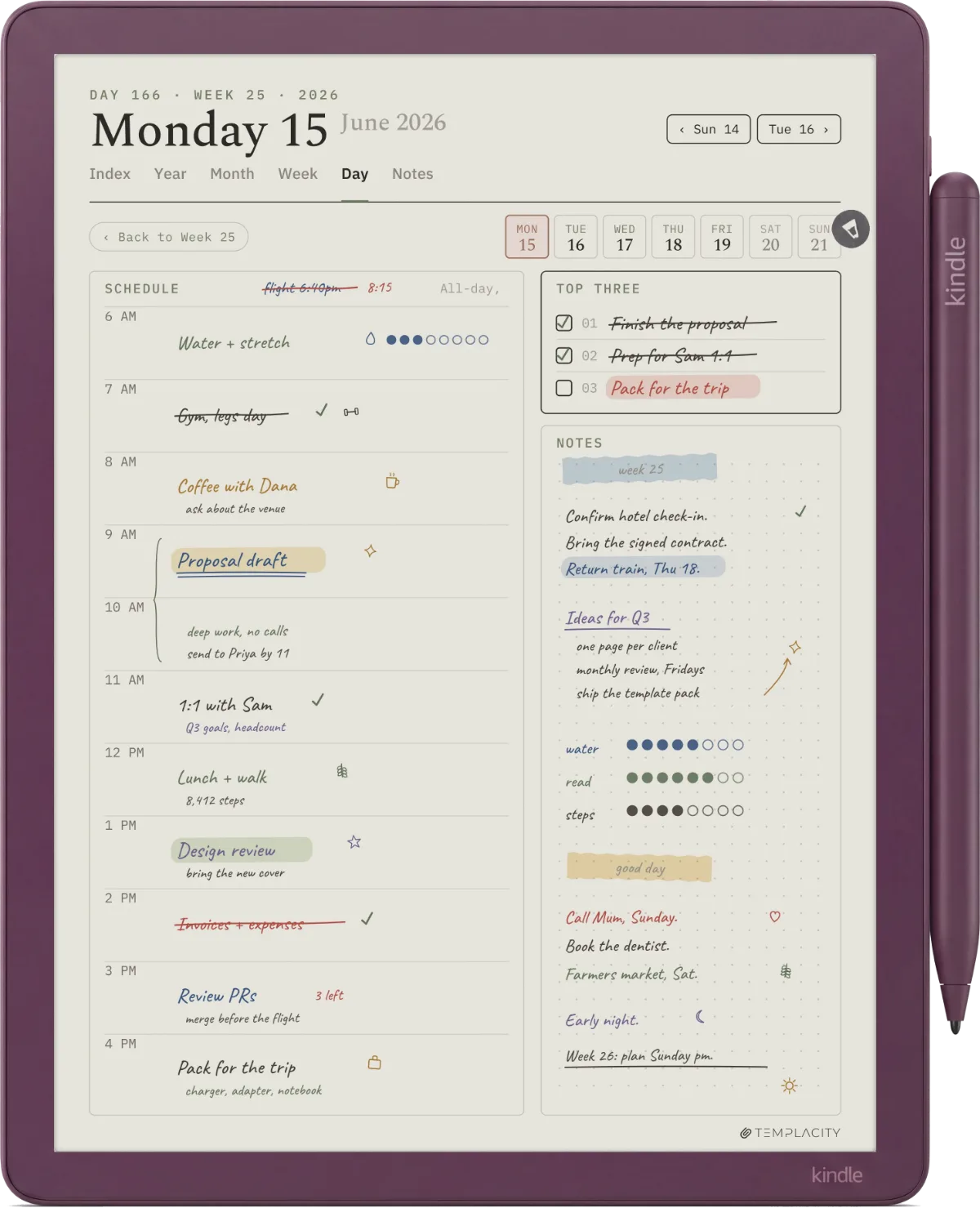 Kindle Scribe Colorsoft showing The Planner, day page