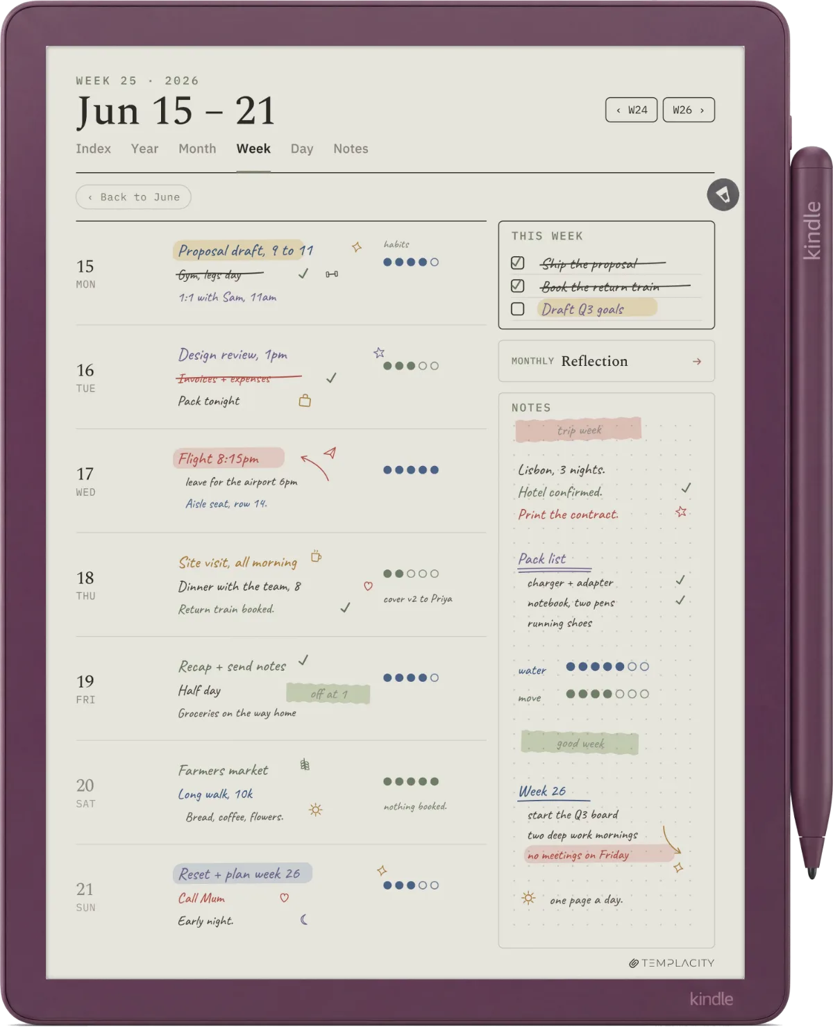 Kindle Scribe Colorsoft showing The Planner, week page