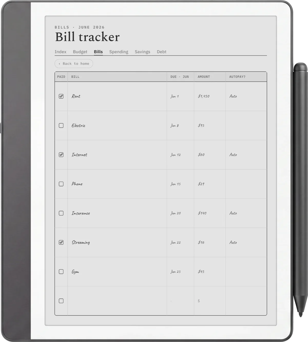 A Kindle Scribe showing the bill tracker page from the Budget Suite