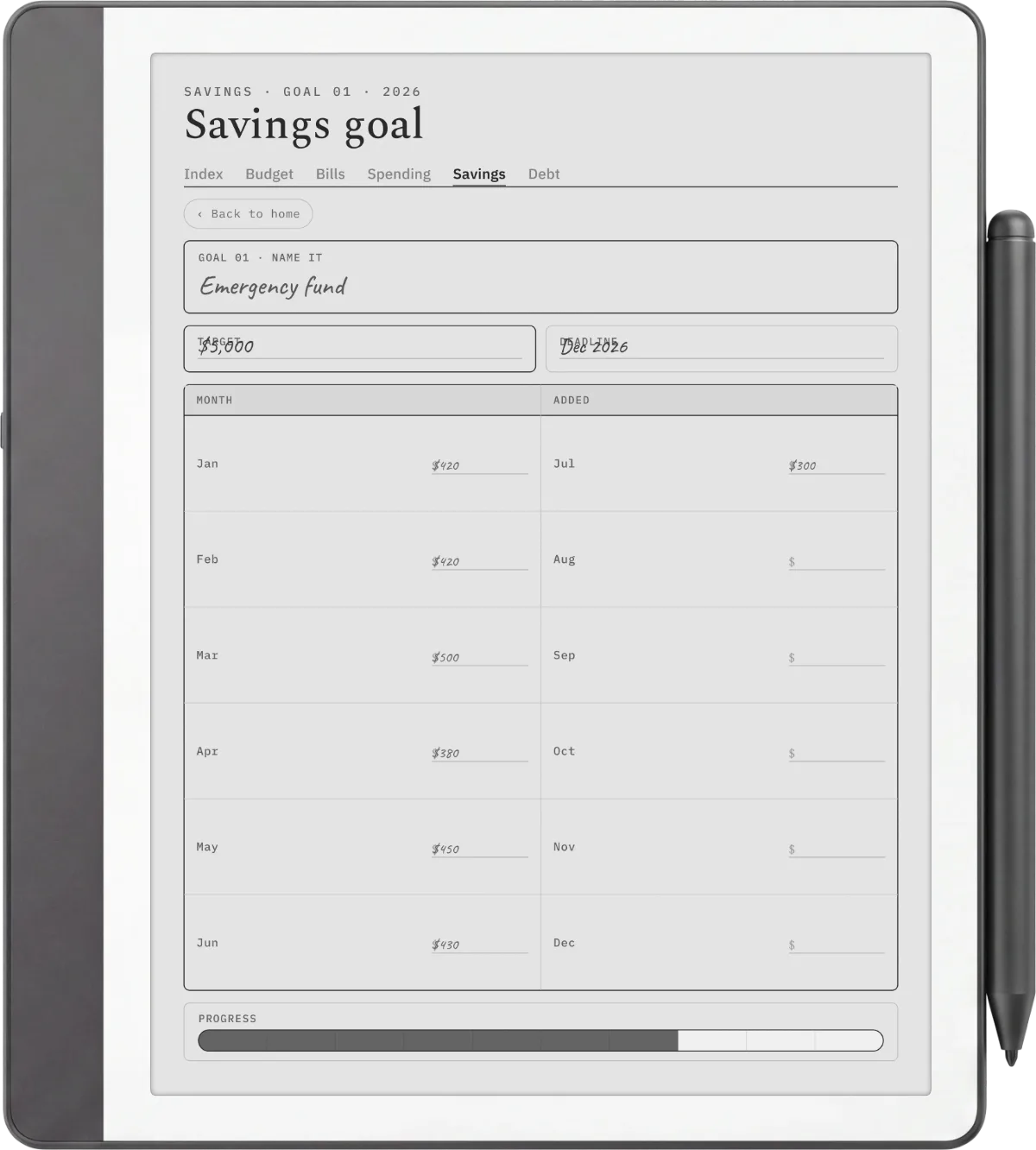 A Kindle Scribe showing the savings goal page from the Budget Suite