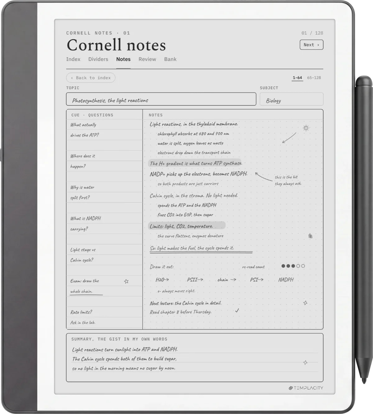Cornell notes page on a Kindle Scribe: questions in the cue column, notes in the main field, a summary strip at the bottom