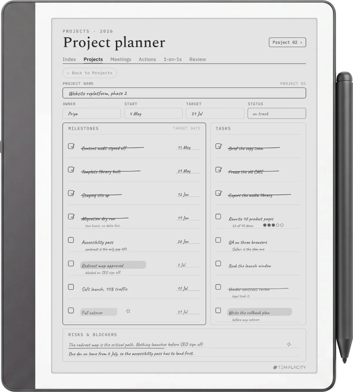 Kindle Scribe showing the Digital Work Planner, project planner page