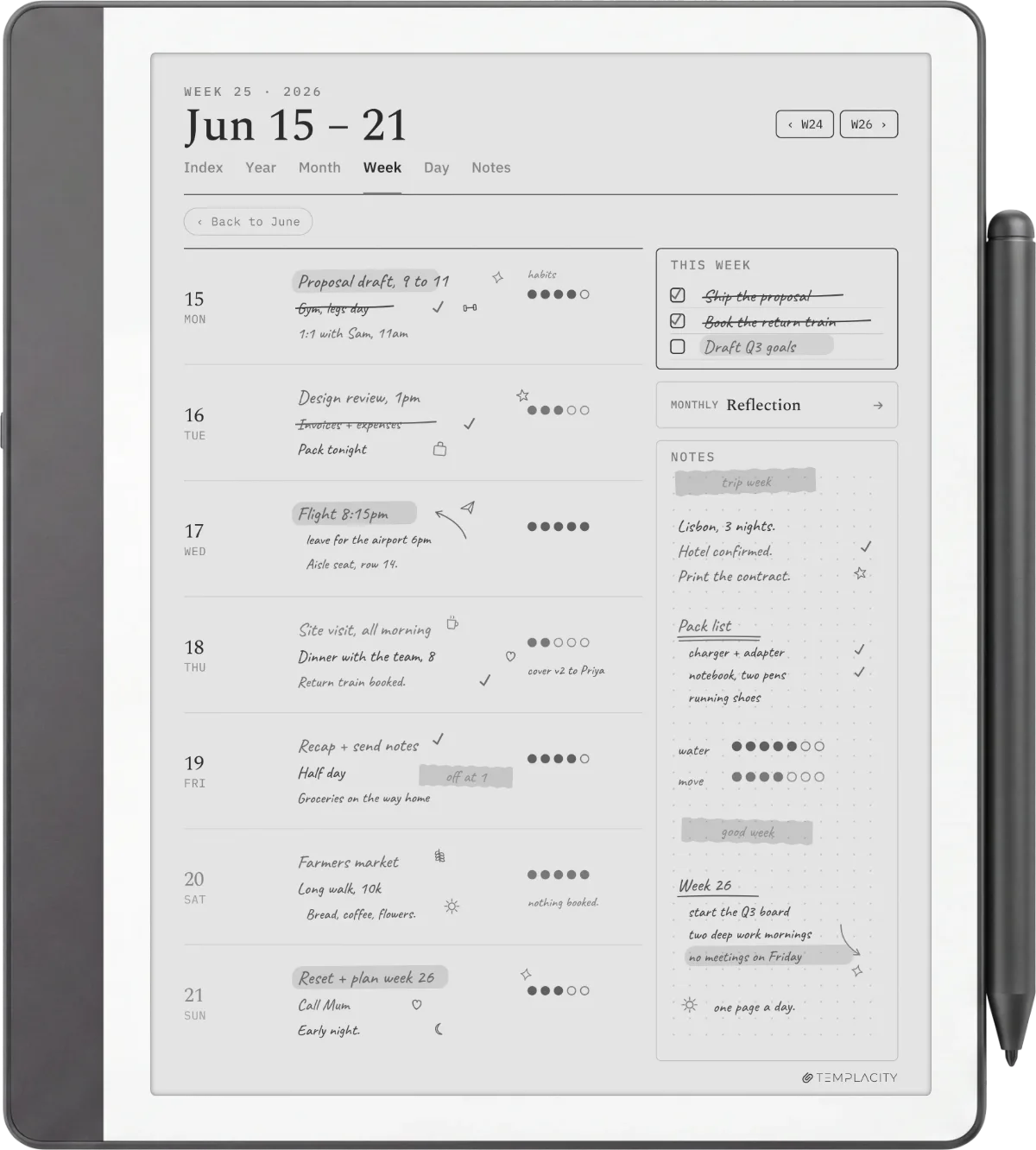 Kindle Scribe showing a weekly planner spread on its monochrome screen