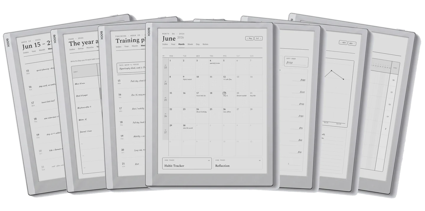 Das Complete System: die Woche, das Jahr auf einen Blick, ein Trainingsplan, die Monatsansicht, ein Monatsbudget, Stimmung und Energie und die Gewohnheitskette, gezeigt auf einem E-Ink-Tablet