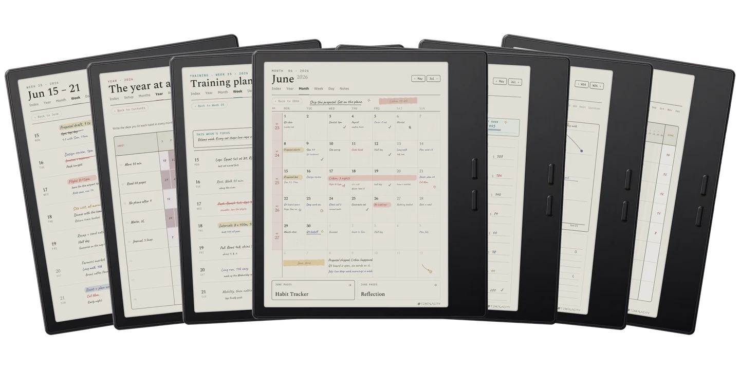 The Complete System: the week, the year at a glance, a training plan, the month view, a monthly budget, mood and energy, and the habit chain, shown on an e-ink tablet