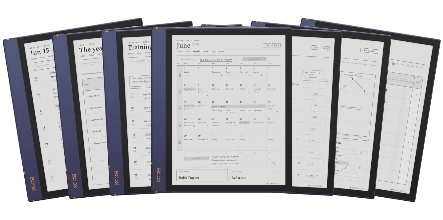 The Complete System: the week, the year at a glance, a training plan, the month view, a monthly budget, mood and energy, and the habit chain, shown on an e-ink tablet
