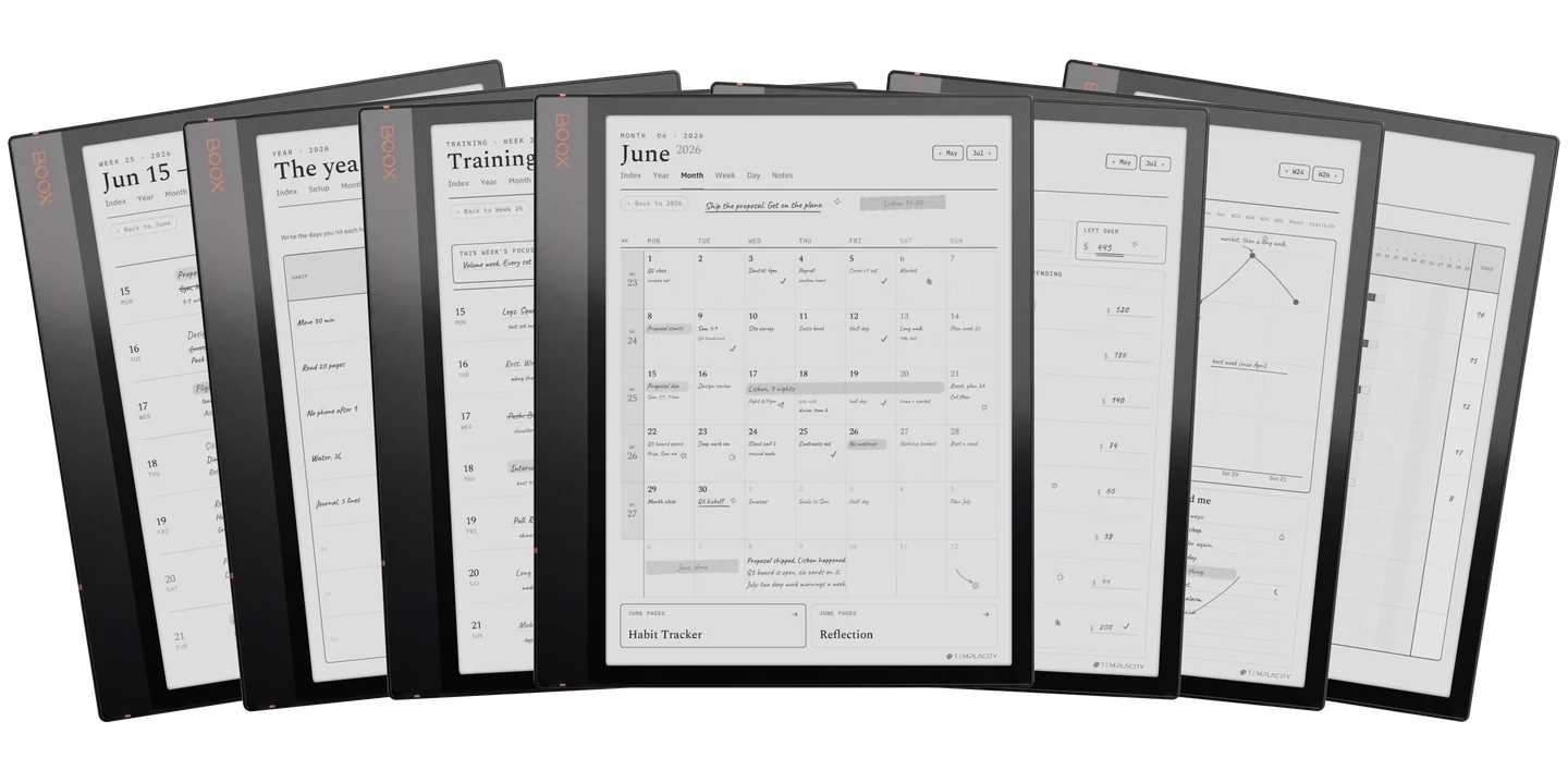 The Complete System: the week, the year at a glance, a training plan, the month view, a monthly budget, mood and energy, and the habit chain, shown on an e-ink tablet