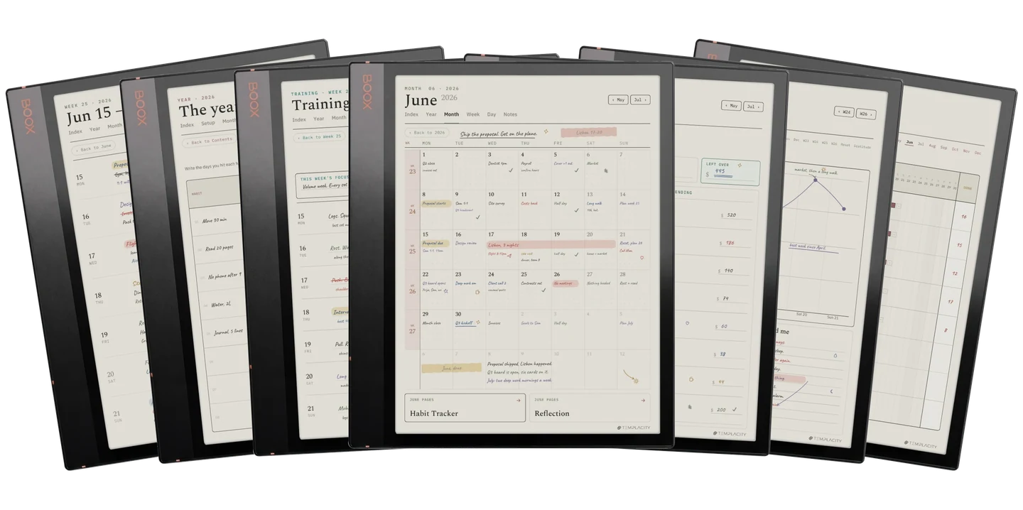 The Complete System: the week, the year at a glance, a training plan, the month view, a monthly budget, mood and energy, and the habit chain, shown on an e-ink tablet