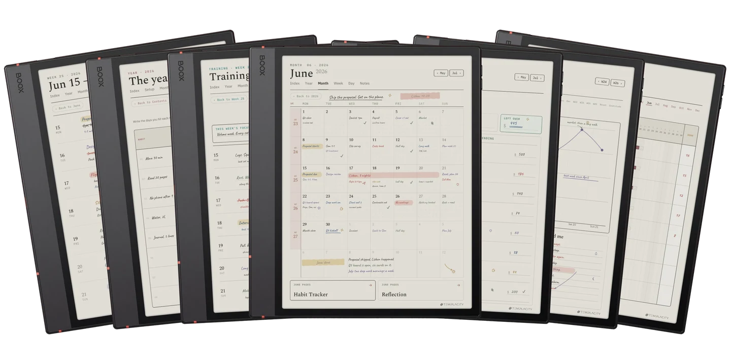 The Complete System: the week, the year at a glance, a training plan, the month view, a monthly budget, mood and energy, and the habit chain, shown on an e-ink tablet
