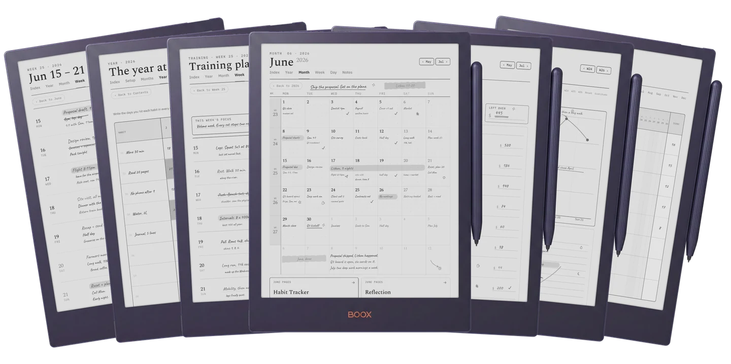 The Complete System: the week, the year at a glance, a training plan, the month view, a monthly budget, mood and energy, and the habit chain, shown on an e-ink tablet