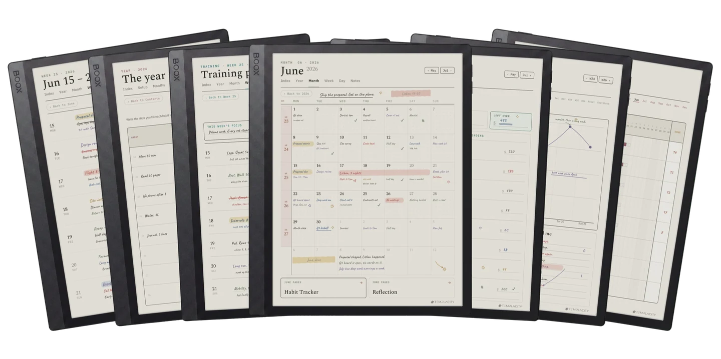 The Complete System: the week, the year at a glance, a training plan, the month view, a monthly budget, mood and energy, and the habit chain, shown on an e-ink tablet