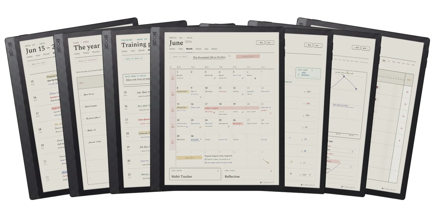 Das Complete System: die Woche, das Jahr auf einen Blick, ein Trainingsplan, die Monatsansicht, ein Monatsbudget, Stimmung und Energie und die Gewohnheitskette, gezeigt auf einem E-Ink-Tablet