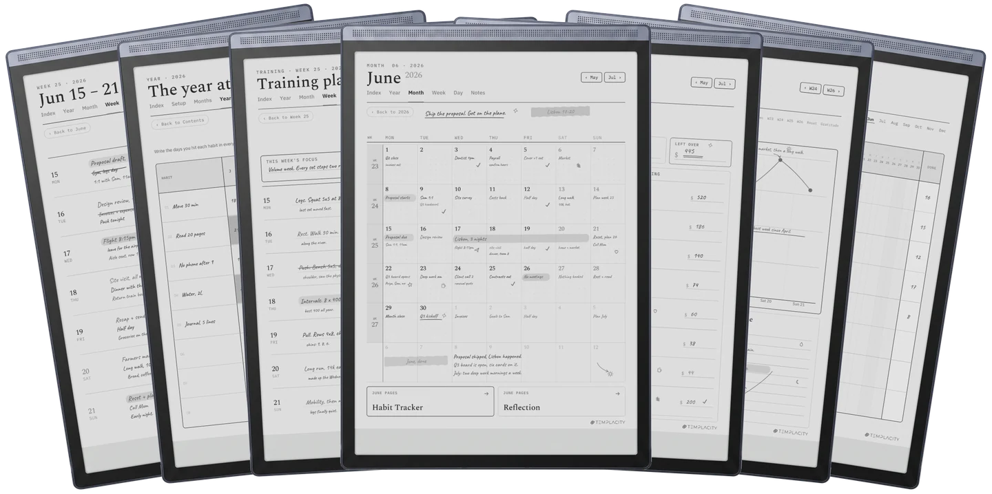 The Complete System: the week, the year at a glance, a training plan, the month view, a monthly budget, mood and energy, and the habit chain, shown on an e-ink tablet