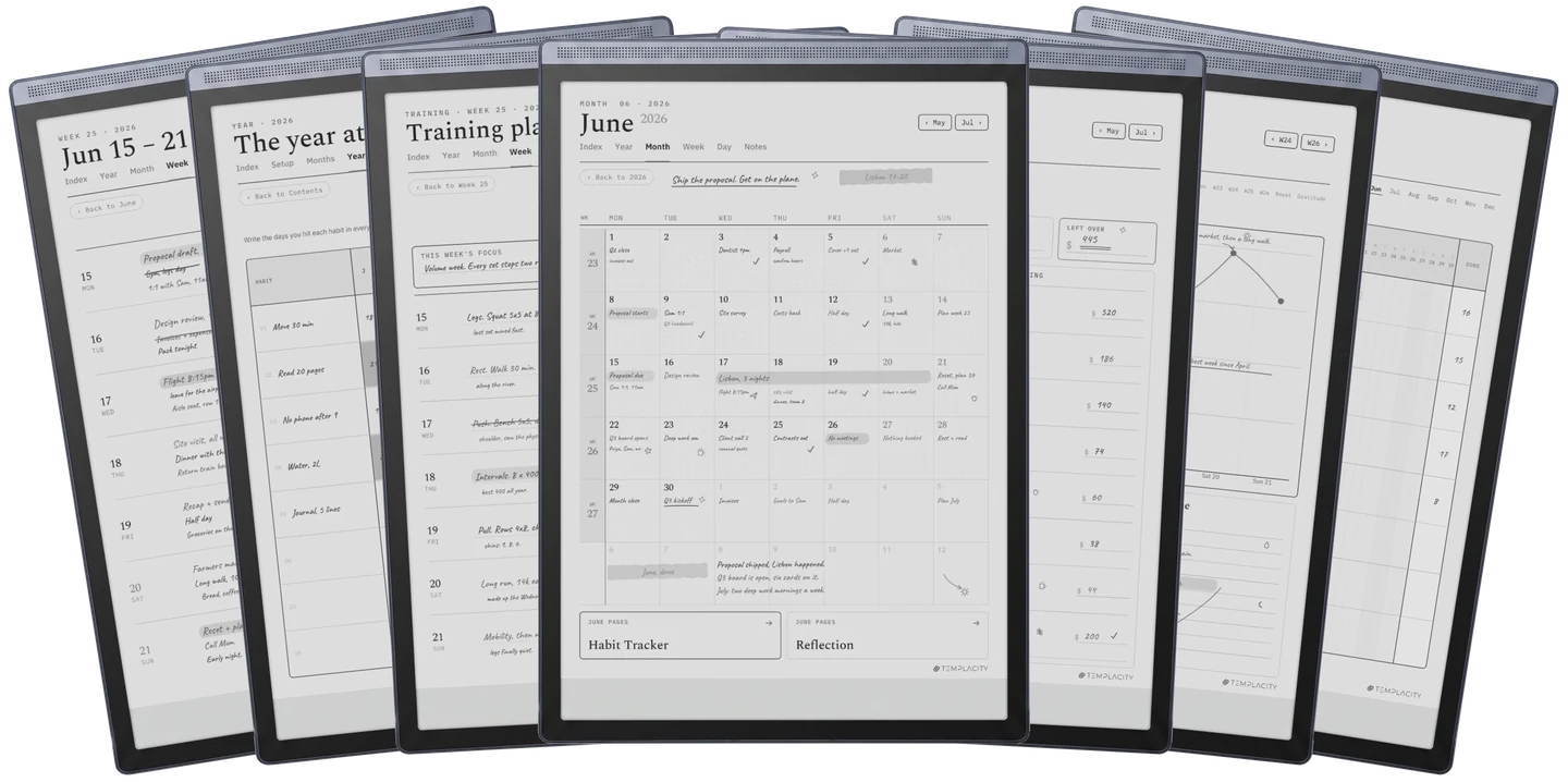 Das Complete System: die Woche, das Jahr auf einen Blick, ein Trainingsplan, die Monatsansicht, ein Monatsbudget, Stimmung und Energie und die Gewohnheitskette, gezeigt auf einem E-Ink-Tablet