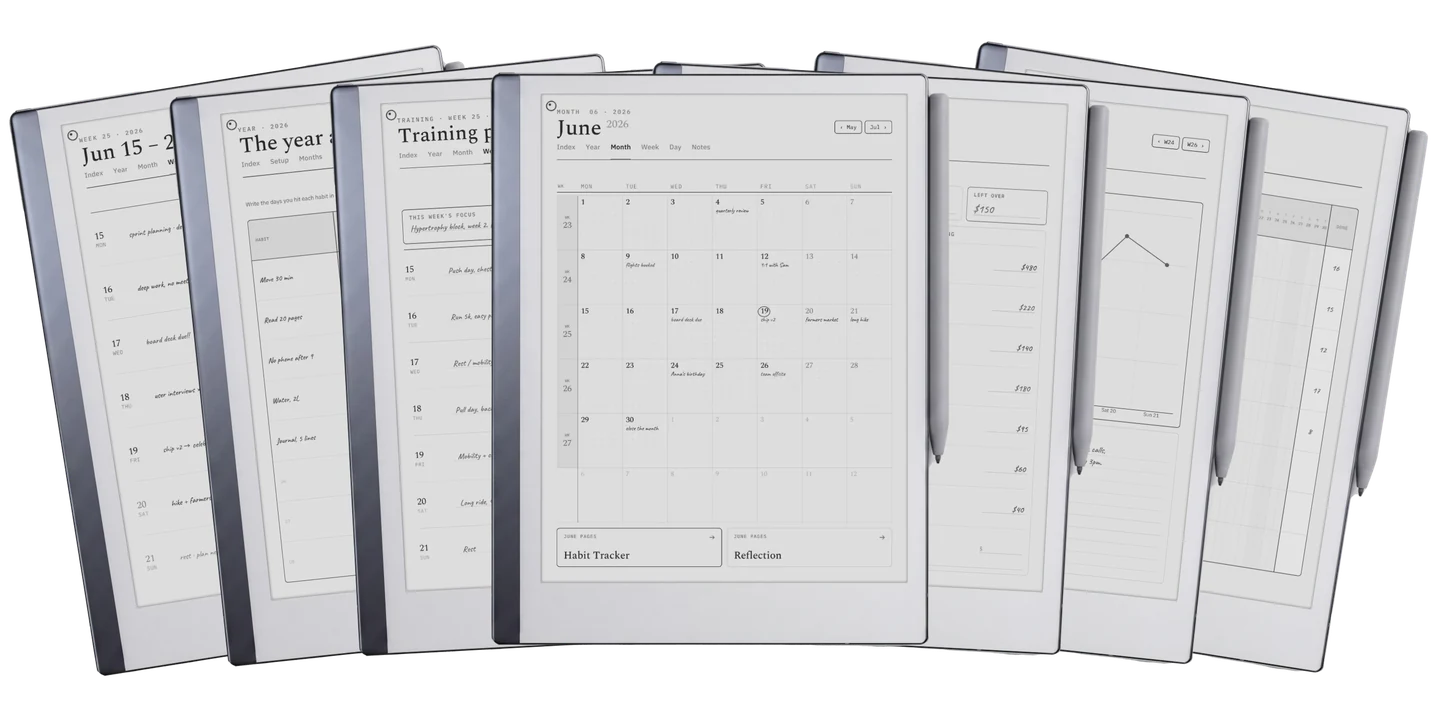 El sistema completo: la semana, el año de un vistazo, un plan de entrenamiento, la vista del mes, un presupuesto mensual, ánimo y energía, y la cadena de hábitos, en una tableta e-ink
