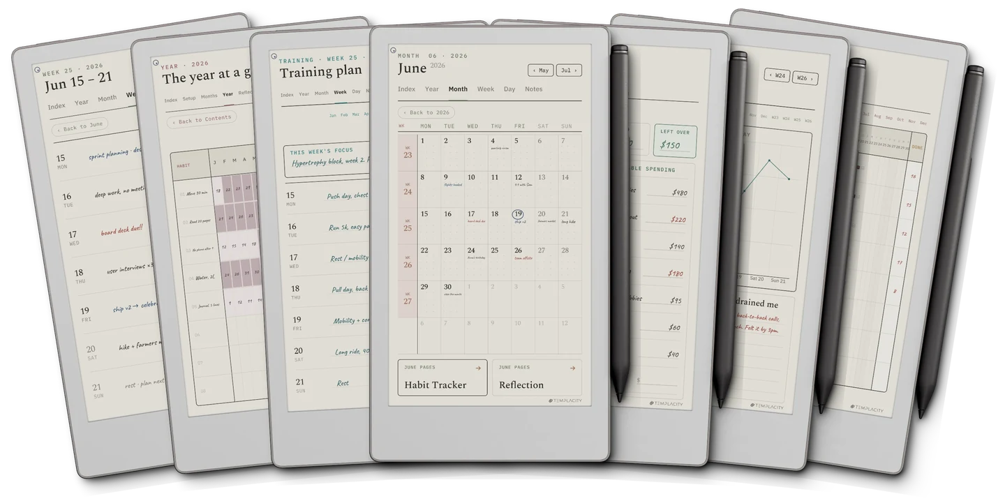 The Complete System: the week, the year at a glance, a training plan, the month view, a monthly budget, mood and energy, and the habit chain, shown on an e-ink tablet