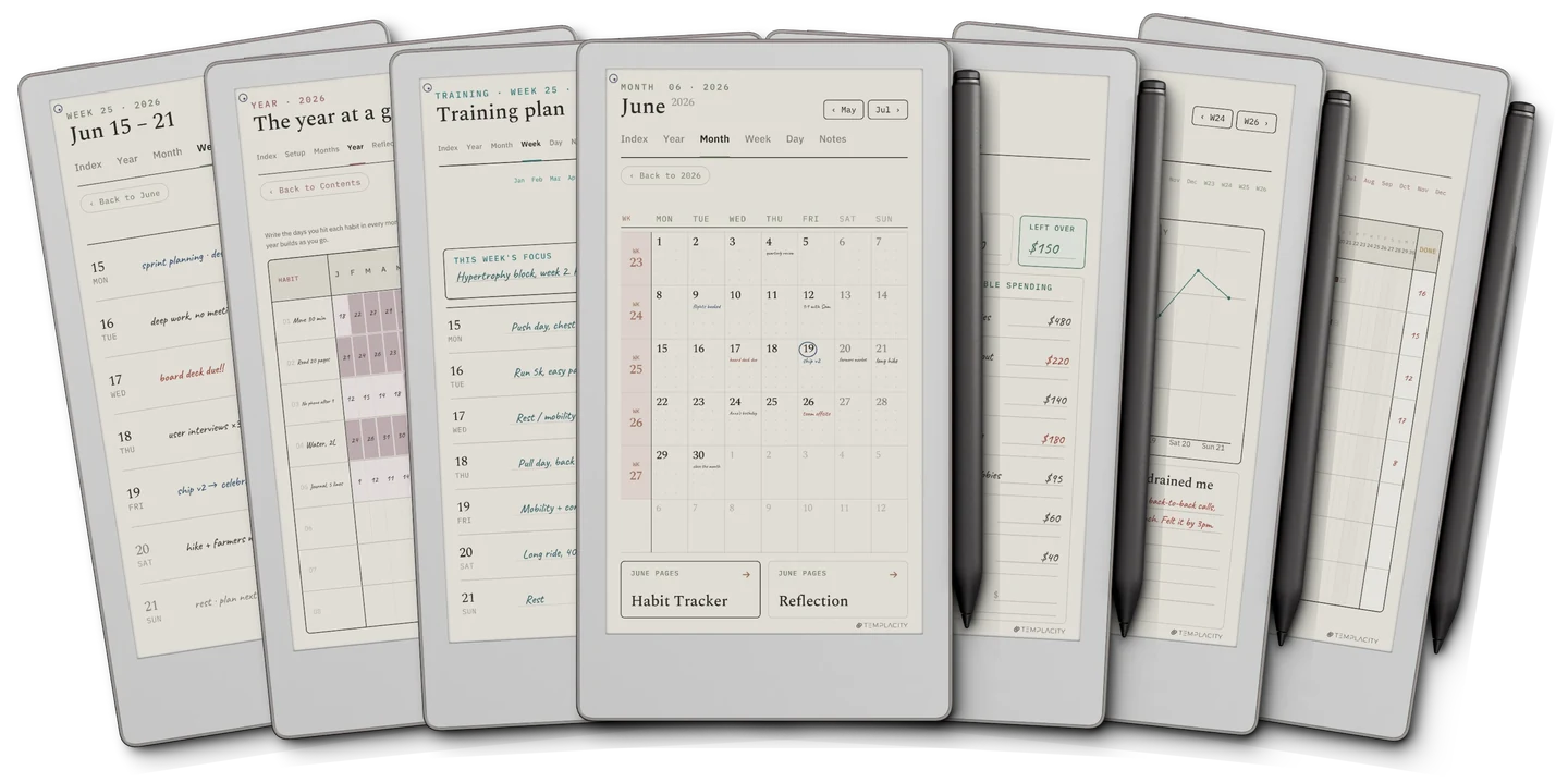 El sistema completo: la semana, el año de un vistazo, un plan de entrenamiento, la vista del mes, un presupuesto mensual, ánimo y energía, y la cadena de hábitos, en una tableta e-ink