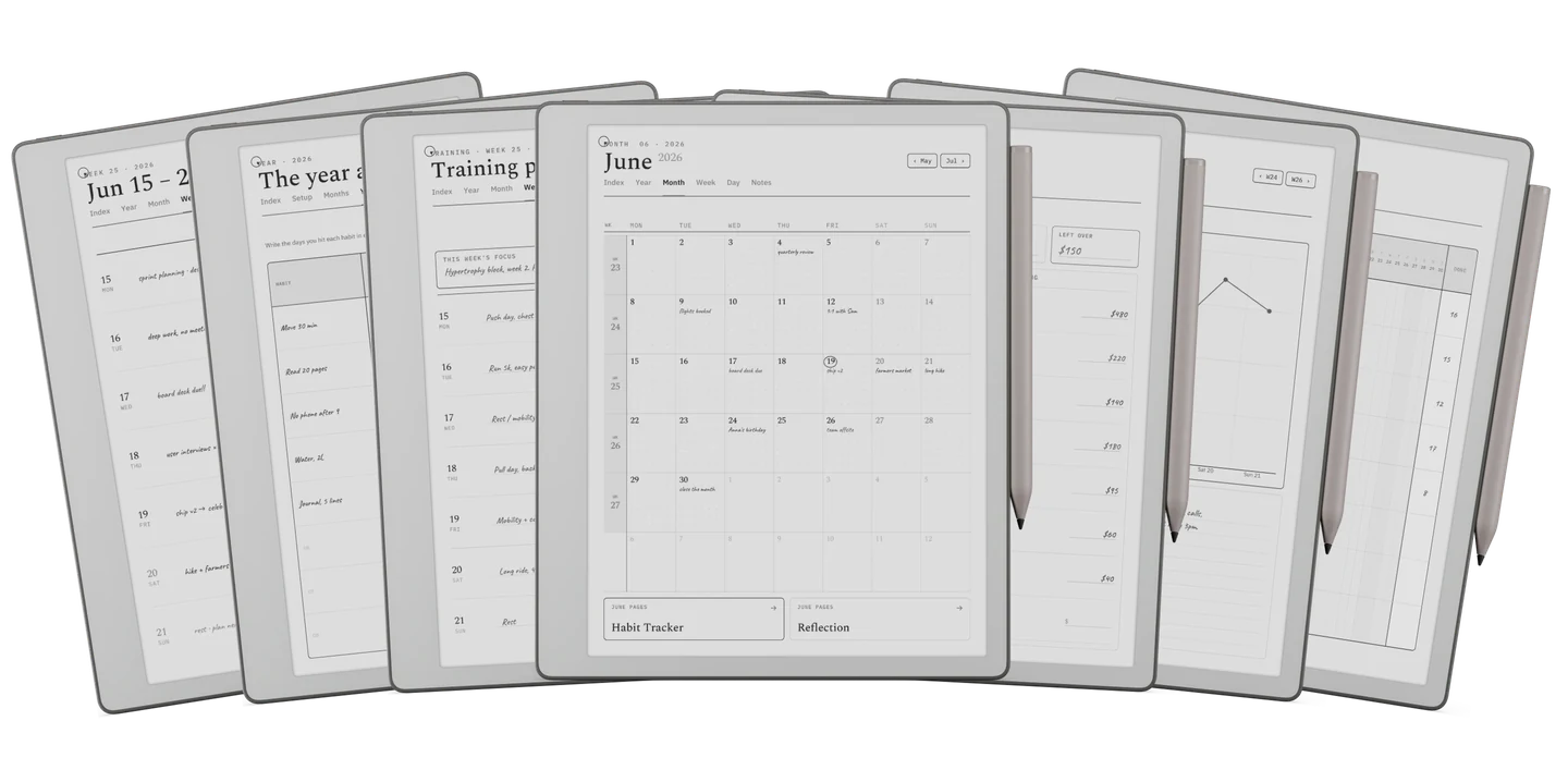 El sistema completo: la semana, el año de un vistazo, un plan de entrenamiento, la vista del mes, un presupuesto mensual, ánimo y energía, y la cadena de hábitos, en una tableta e-ink