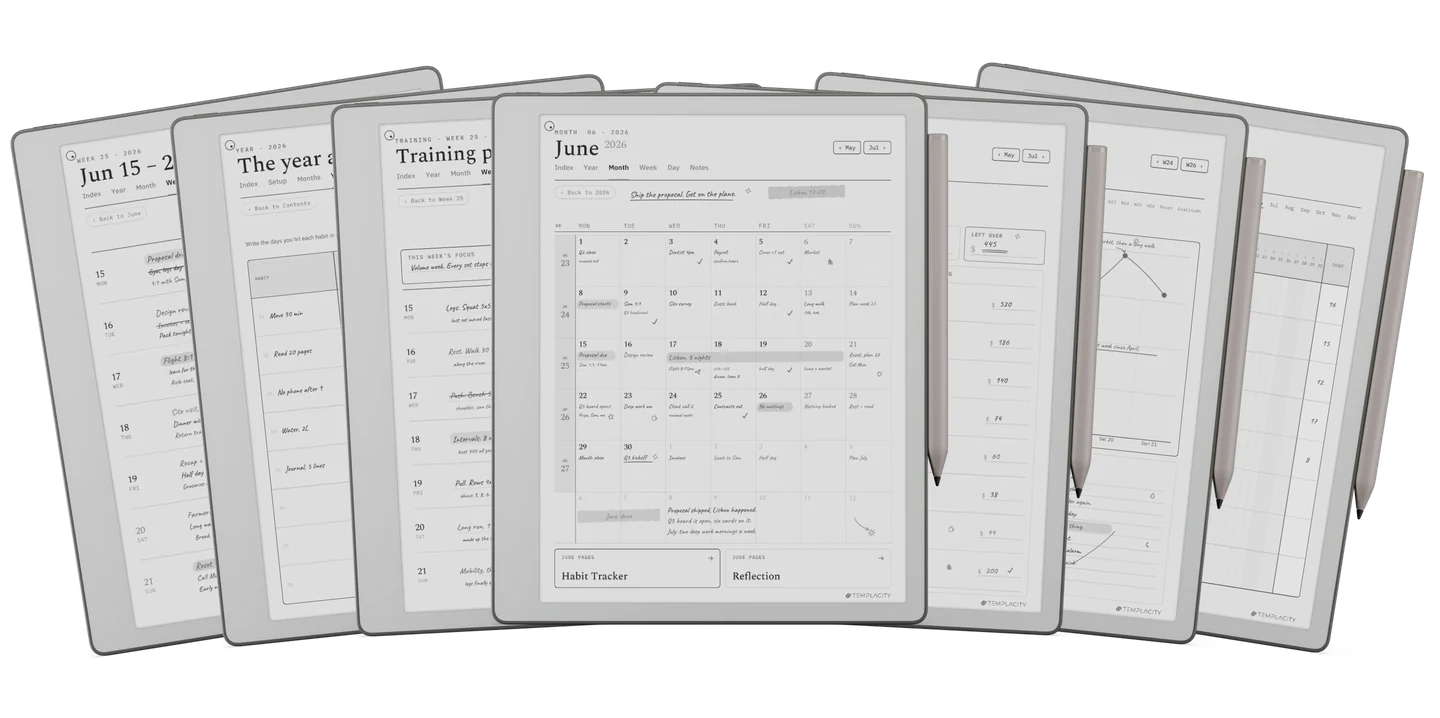 Das Complete System: die Woche, das Jahr auf einen Blick, ein Trainingsplan, die Monatsansicht, ein Monatsbudget, Stimmung und Energie und die Gewohnheitskette, gezeigt auf einem E-Ink-Tablet